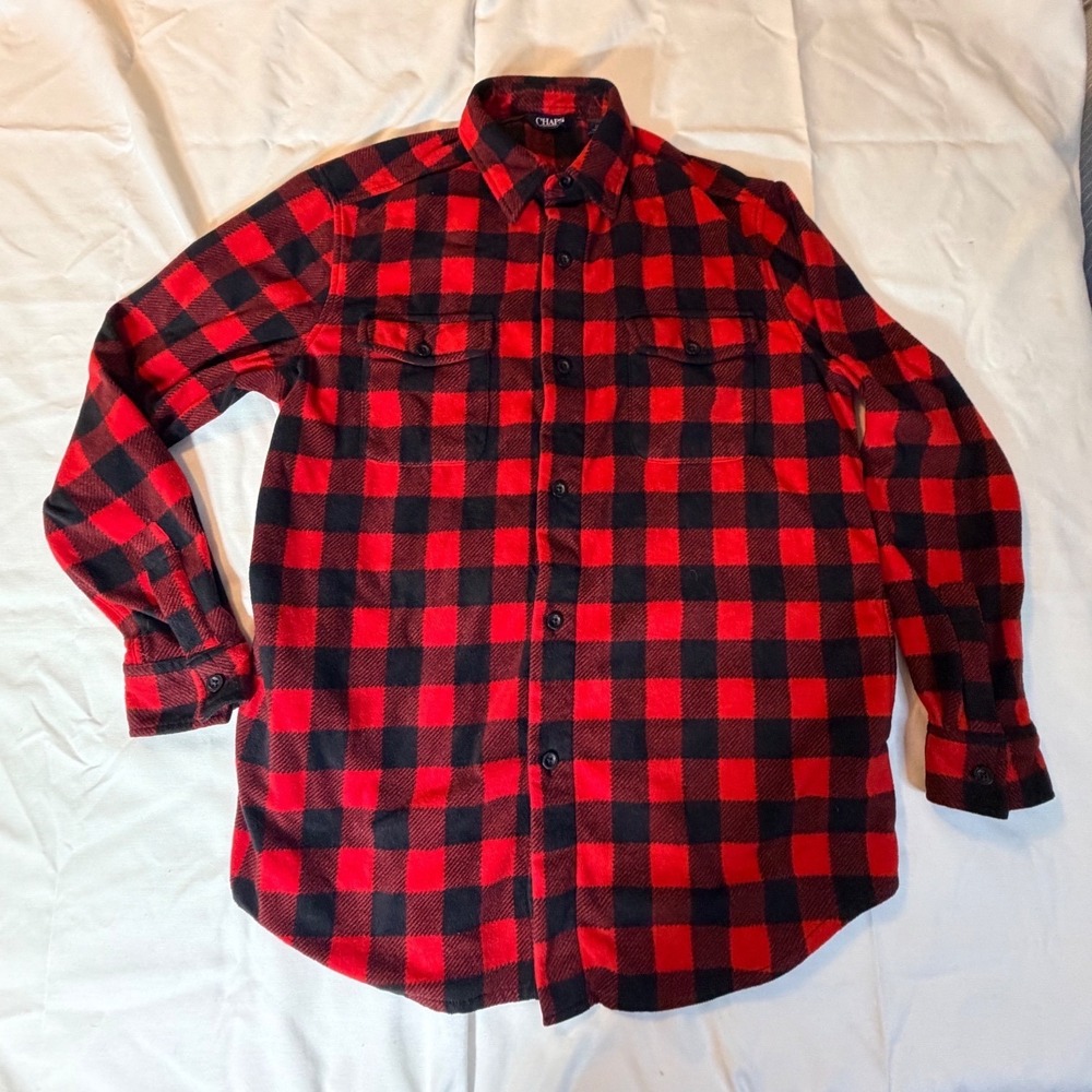 Chaps Mens Red Black Buffalo Plaid Fleece Button Down Shirt Jacket Tall Large LT